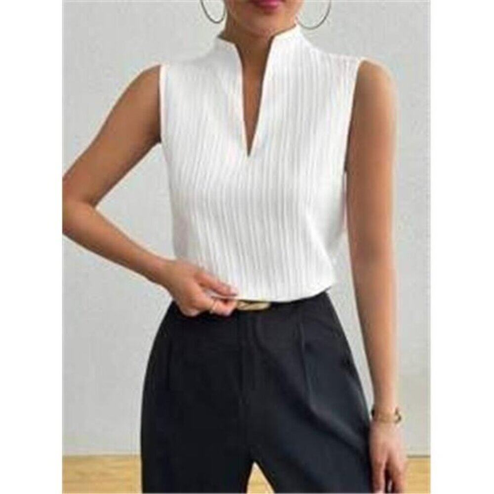 Women's Deep V Neck Sleeveless Work White Tops Ta Tops Blouses Business Casual - Picture 4 of 7